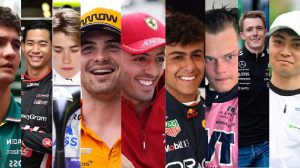 Da esquerda para direita: Jak Crawford (Aston Martin), Ryo Hirakawa (Haas), Luke Browning (Williams), Patrício O’Ward (McLaren), Antonio Fuoco (Ferrari), Arvid Lindblad (Red Bull), Paul Aron (Alpine), Frederik Vesti (Mercedes) e Ayumu Iwasa (RBR) - Foto: Getty Images
