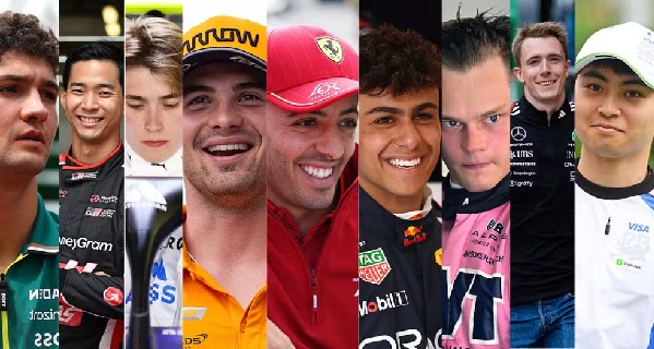 Da esquerda para direita: Jak Crawford (Aston Martin), Ryo Hirakawa (Haas), Luke Browning (Williams), Patrício O’Ward (McLaren), Antonio Fuoco (Ferrari), Arvid Lindblad (Red Bull), Paul Aron (Alpine), Frederik Vesti (Mercedes) e Ayumu Iwasa (RBR) - Foto: Getty Images