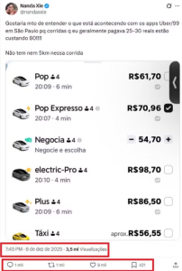 Comentário de um usuário no X (Antigo Twitter) sobre altos preços no Uber - Foto: Divulgação/X/G1