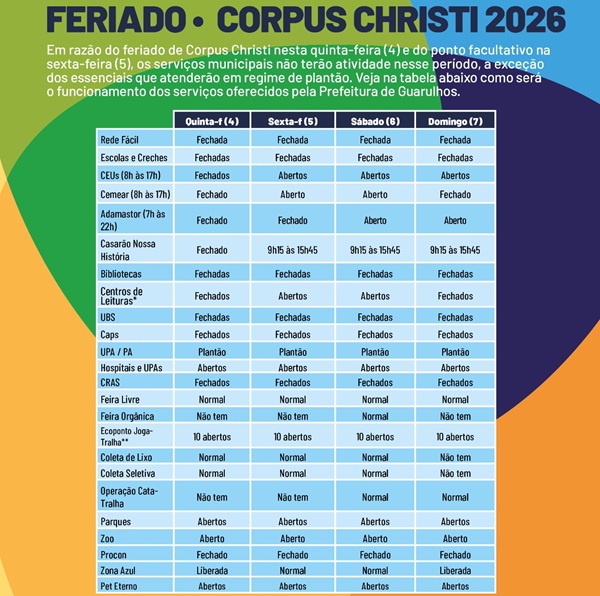 Prefeitura informa funcionamento dos serviços municipais durante o feriado de Corpus Christi (Foto-Divulgação)
